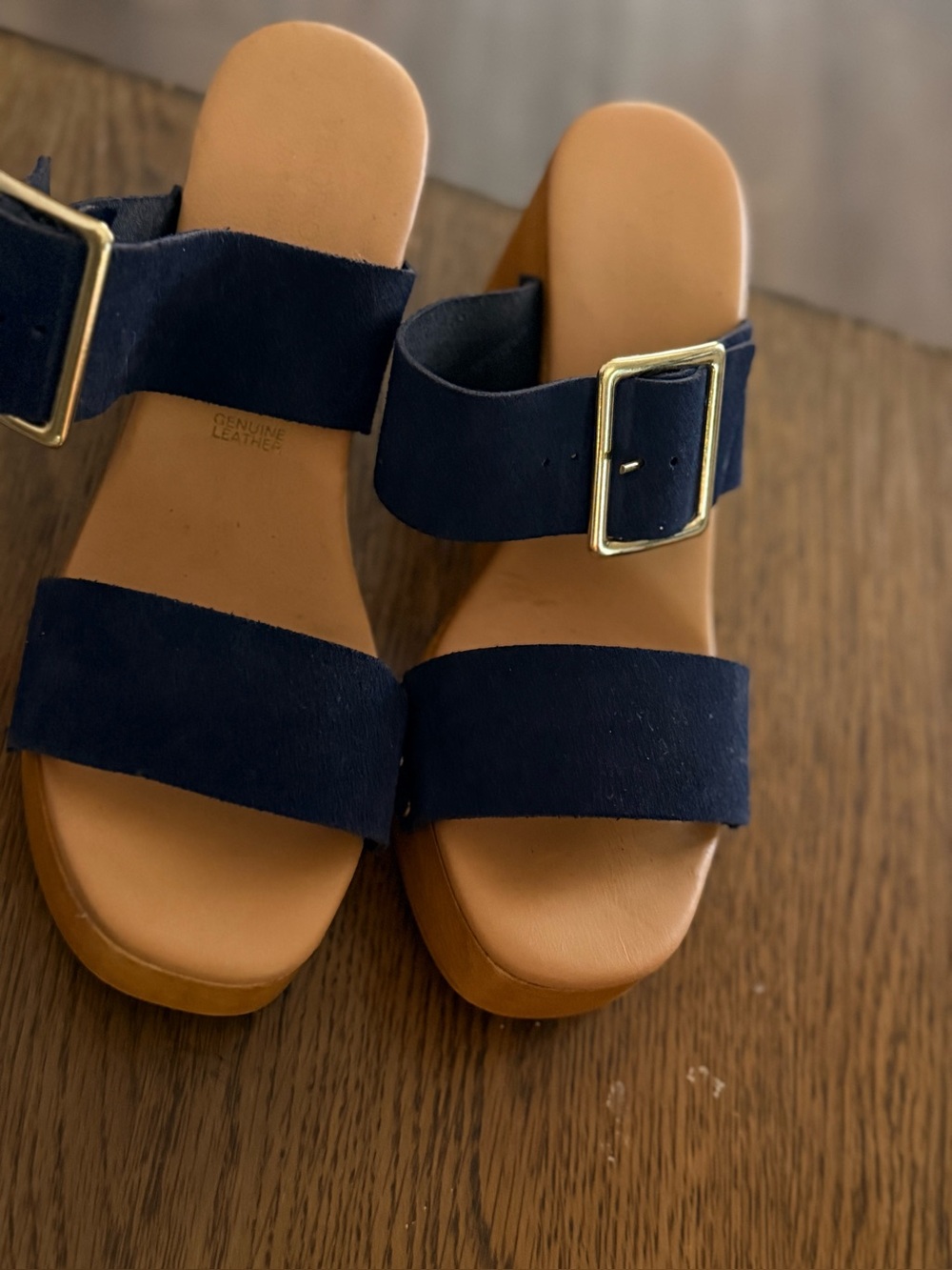 Platform Block Heel Sandals in Navy with Gold Studs - Picture 2 of 9